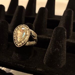 Pear-Shaped Crystal Halo Ring in Silver